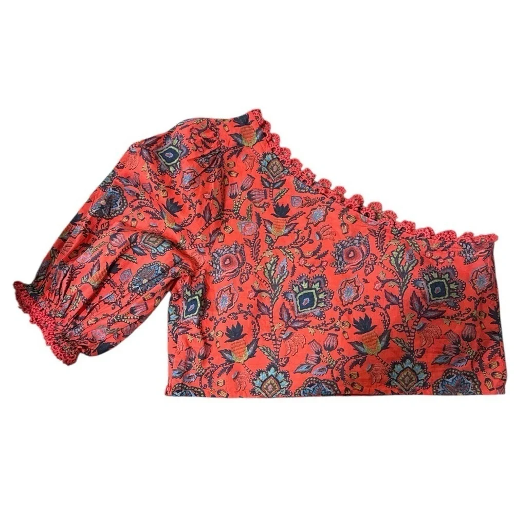 EUC - Anthro X FARM Rio One-Shoulder Boho peasant Crop Top Multicolor Red Size M